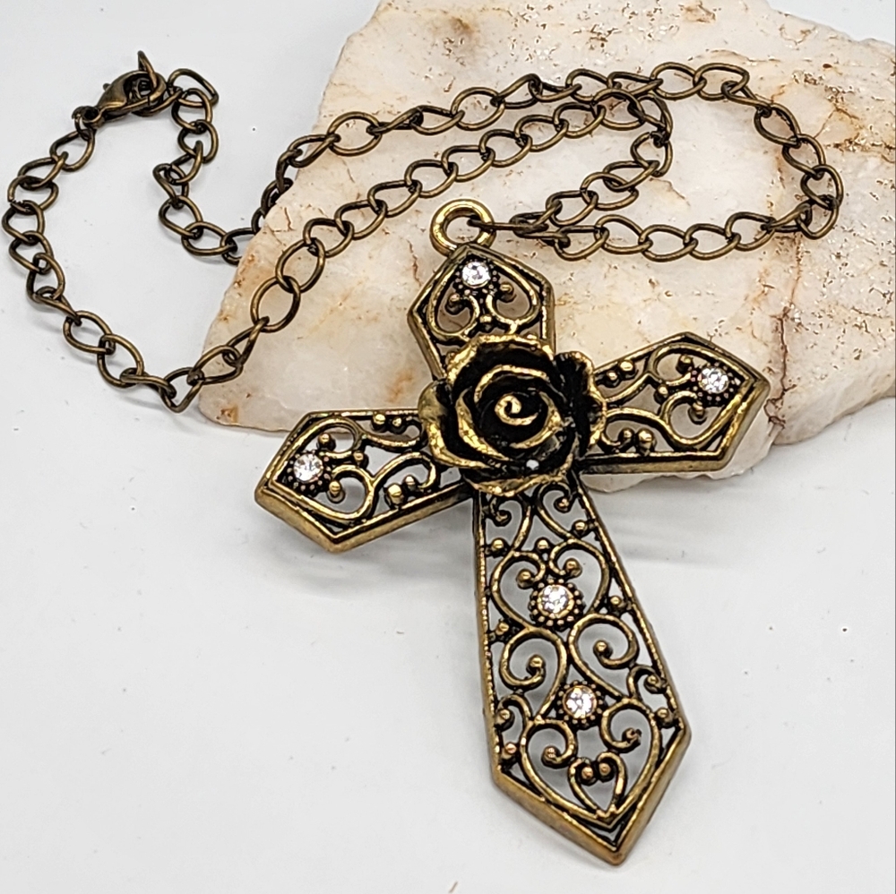 ❤️ Vintage Cross Antique Gold Bronze Large Celtic Cross Floral Rose Crystals